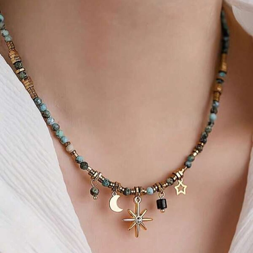 Celestial Charm Beaded Necklace – Moon, Star & Sunburst - Picture 2 of 3